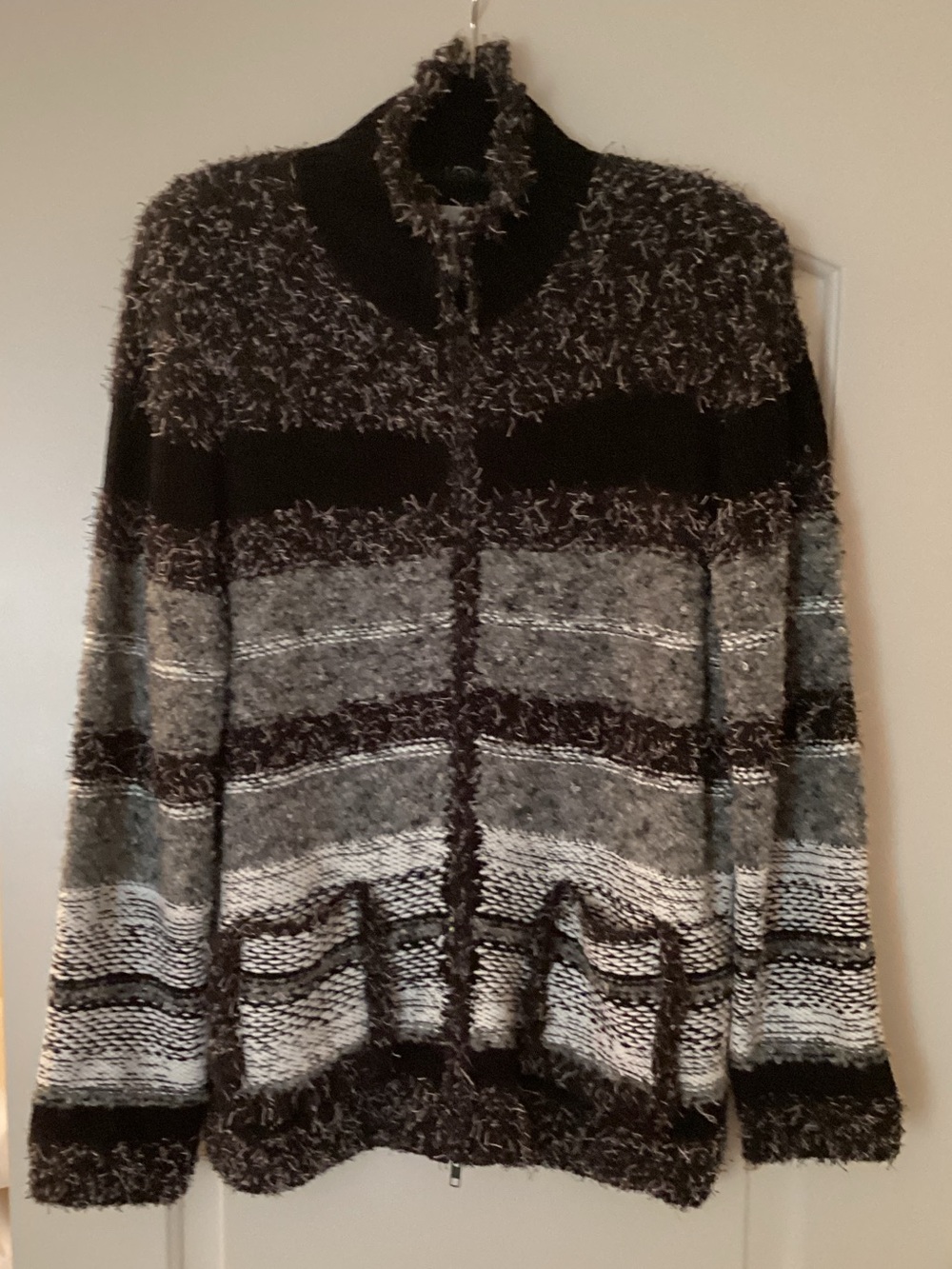 Chico's Women’s Fuzzy Zip-Up Sweater Jacket - Gray, Black & White